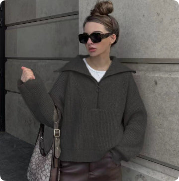 Pullover Damen mit Stehkragen und Reißverschluss, lässig geschnitten - 1 - Jasminaboutique.com