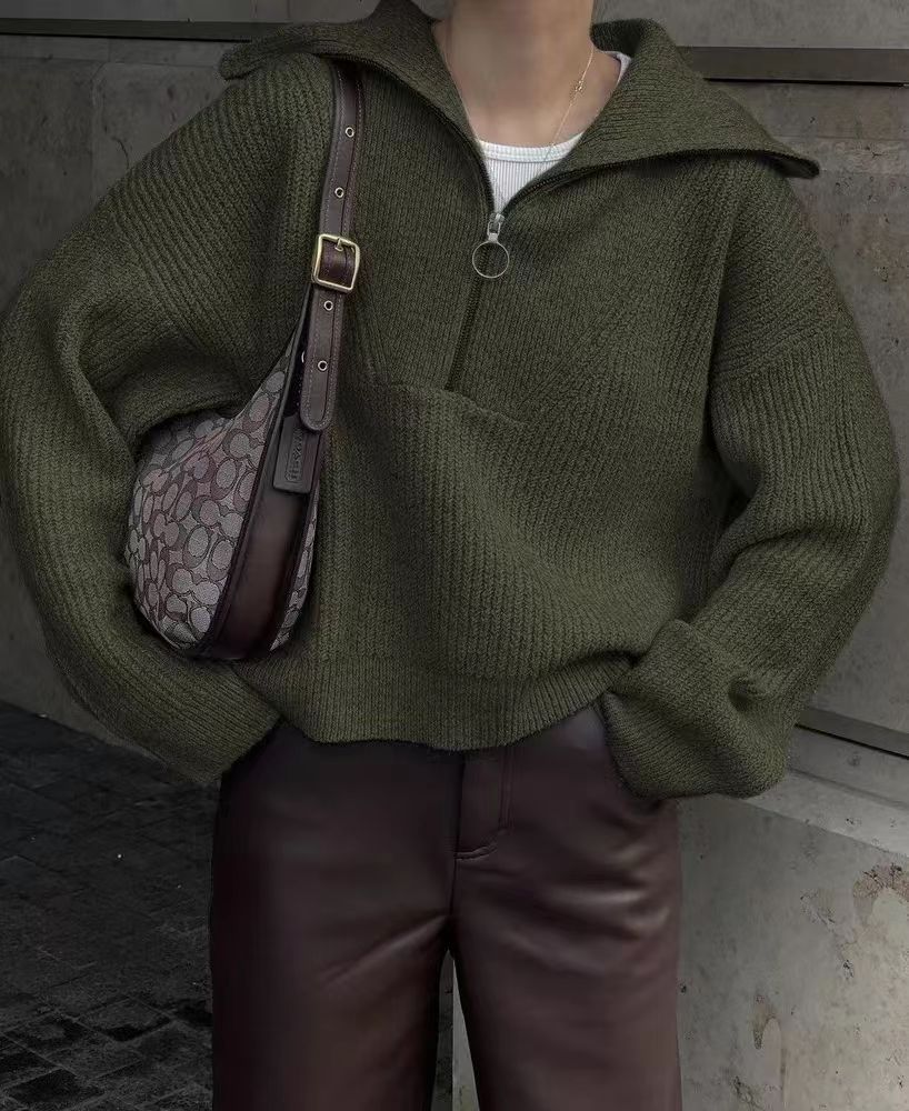 Pullover Damen mit Stehkragen und Reißverschluss, lässig geschnitten - 3 - Jasminaboutique.com