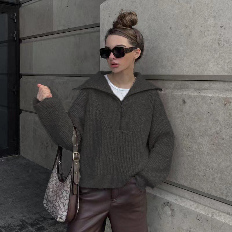 Pullover Damen mit Stehkragen und Reißverschluss, lässig geschnitten - 4 - Jasminaboutique.com