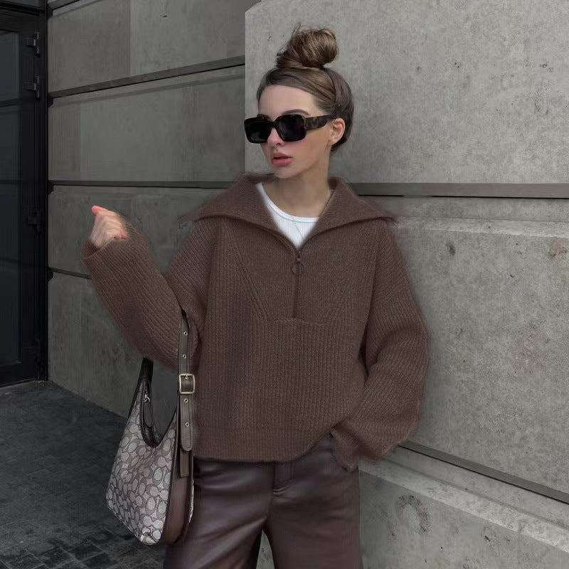 Pullover Damen mit Stehkragen und Reißverschluss, lässig geschnitten - 5 - Jasminaboutique.com