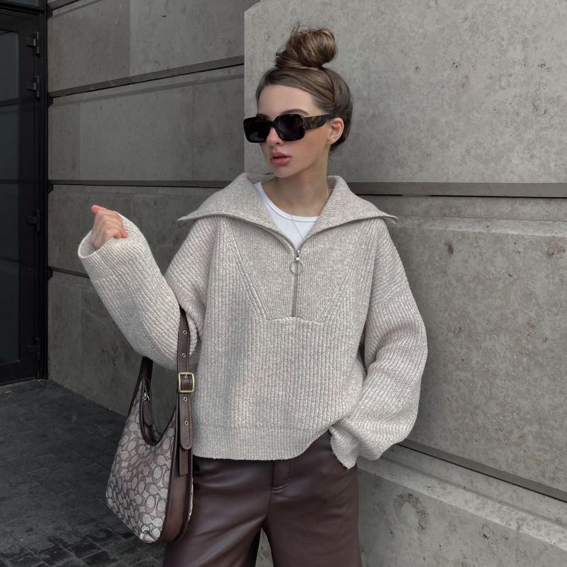 Pullover Damen mit Stehkragen und Reißverschluss, lässig geschnitten - 8 - Jasminaboutique.com