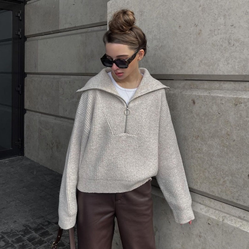 Pullover Damen mit Stehkragen und Reißverschluss, lässig geschnitten - 10 - Jasminaboutique.com