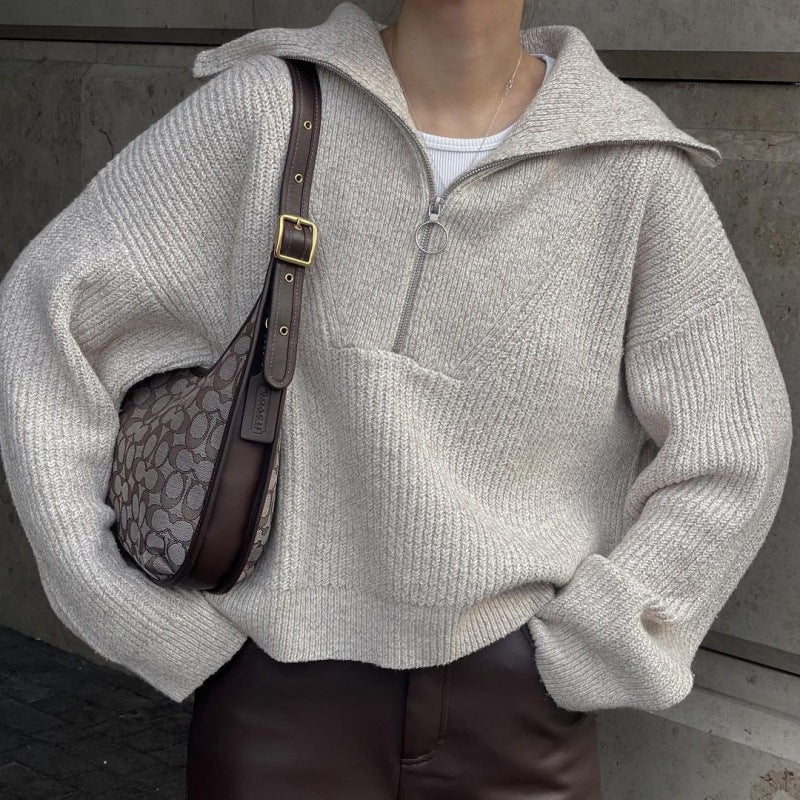 Pullover Damen mit Stehkragen und Reißverschluss, lässig geschnitten - 11 - Jasminaboutique.com