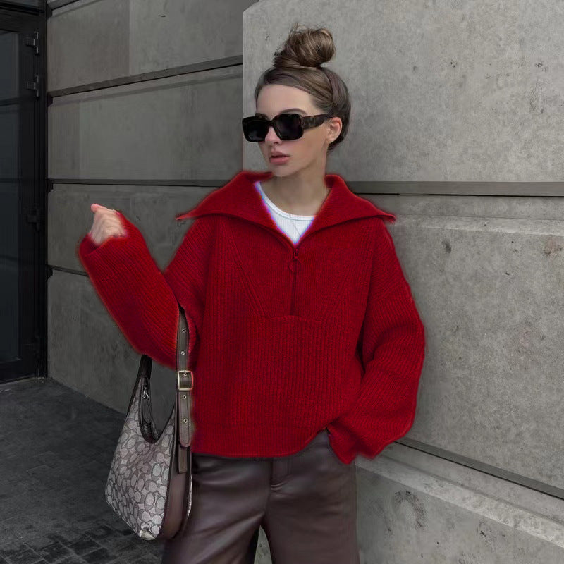 Pullover Damen mit Stehkragen und Reißverschluss, lässig geschnitten - 12 - Jasminaboutique.com