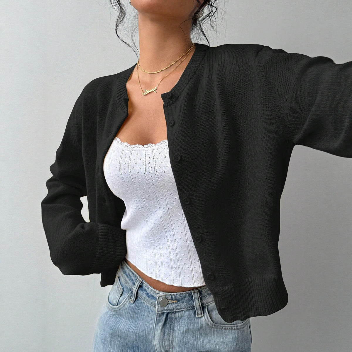 Cardigan Damen mit Rundhalsausschnitt und Knöpfen - 3 - Jasminaboutique.com