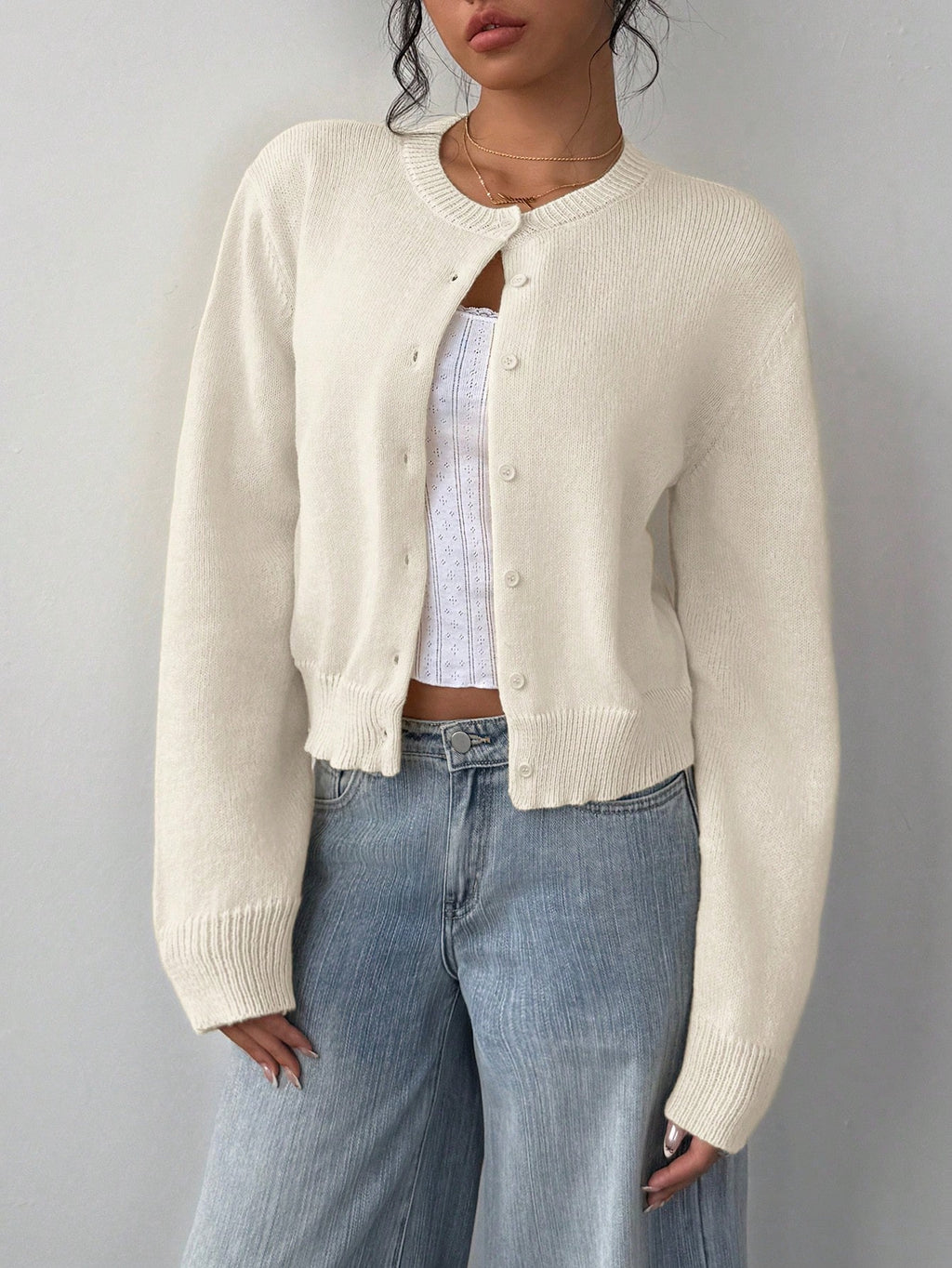 Cardigan Damen mit Rundhalsausschnitt und Knöpfen - 4 - Jasminaboutique.com
