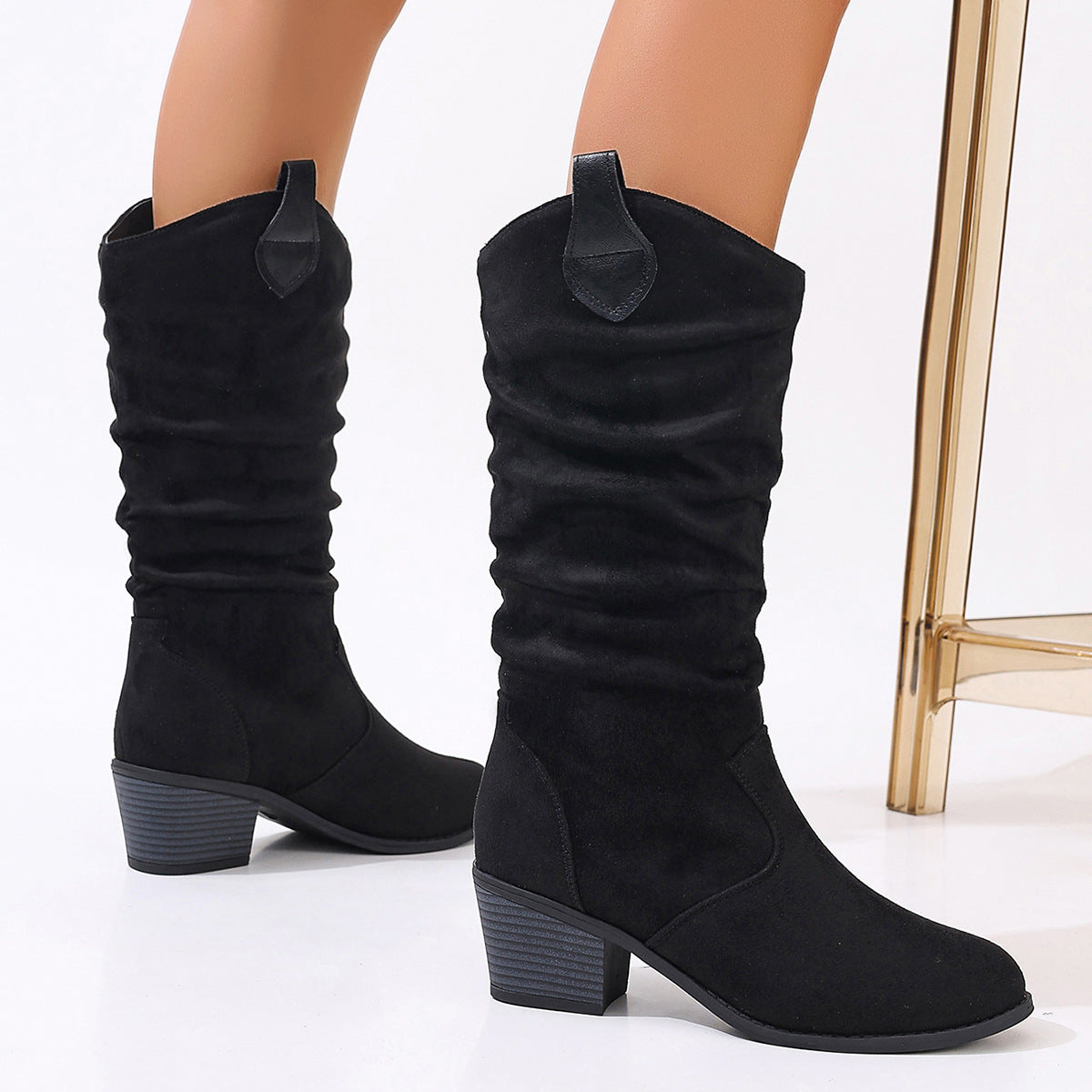 Stilvolle Damen Stiefel mit Blockabsatz und gerafftem Design - 3 - Jasminaboutique.com