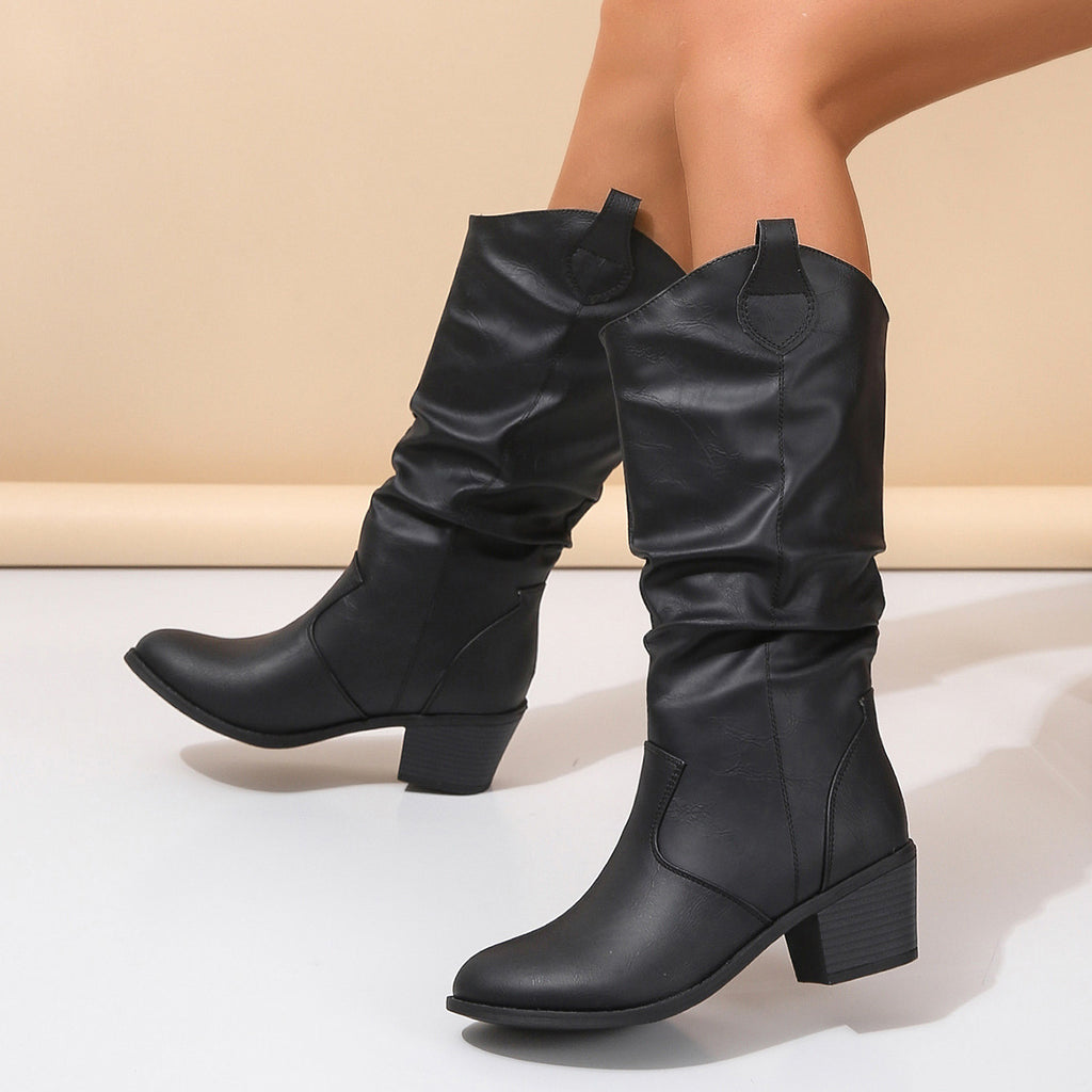 Stilvolle Damen Stiefel mit Blockabsatz und gerafftem Design - 5 - Jasminaboutique.com