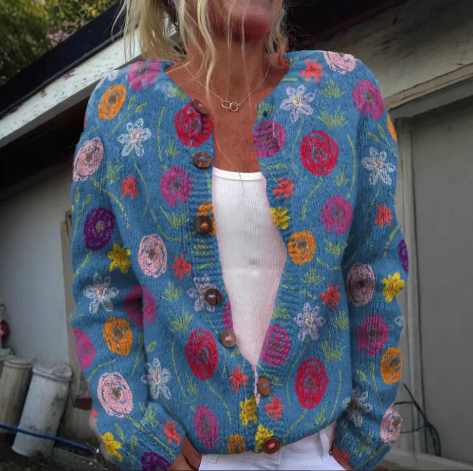 Cardigan Damen mit Blumenmuster und Bequemer Passform - 1 - Jasminaboutique.com