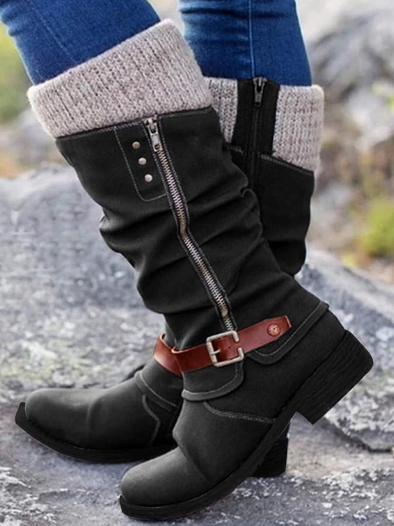Stiefeletten Damen - Mit weichem Strickbund und Schnalle - 1 - Jasminaboutique.com
