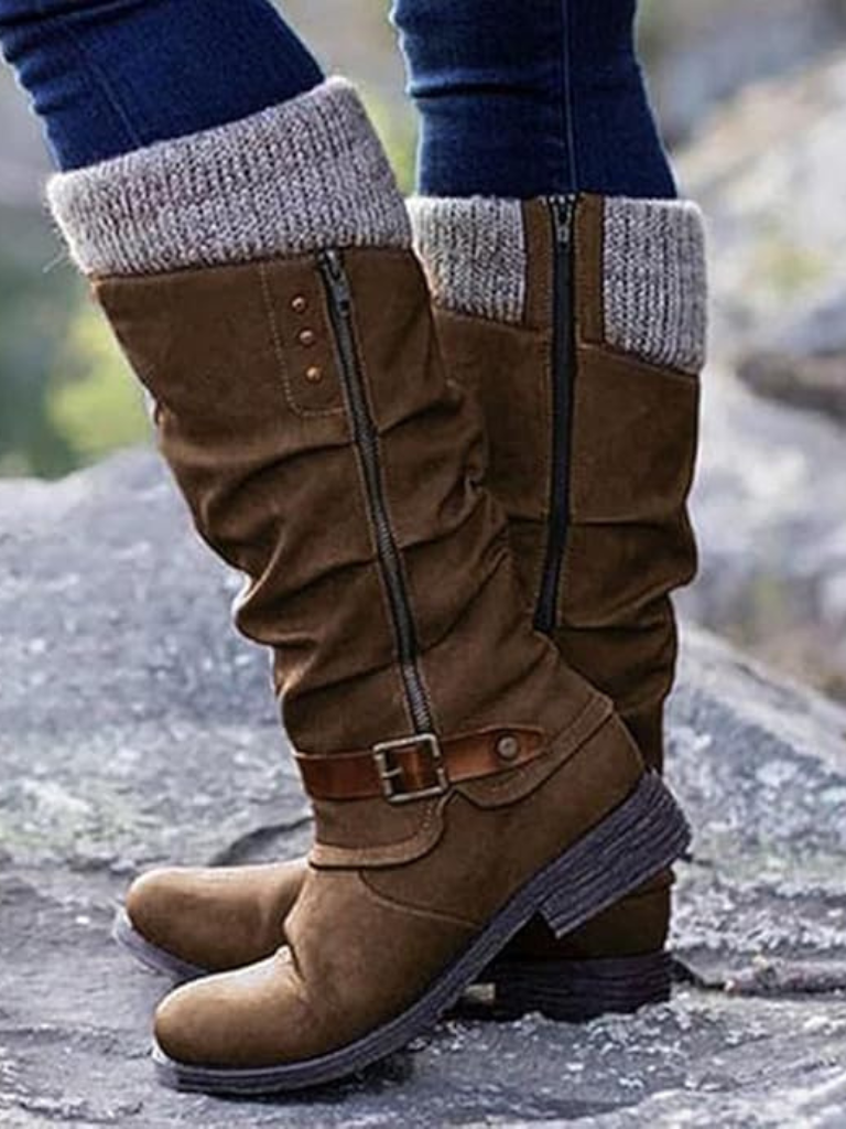 Stiefeletten Damen - Mit weichem Strickbund und Schnalle - 3 - Jasminaboutique.com