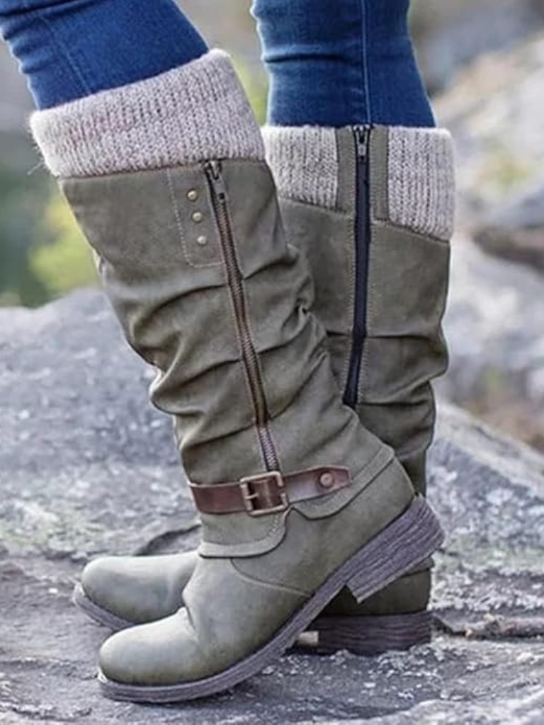 Stiefeletten Damen - Mit weichem Strickbund und Schnalle - 5 - Jasminaboutique.com