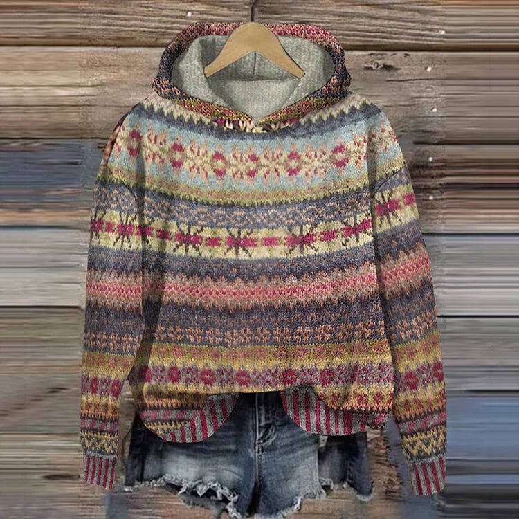 Pullover Damen mit Kapuze - Farbige Muster und Bequemer Schnitt - 3 - Jasminaboutique.com