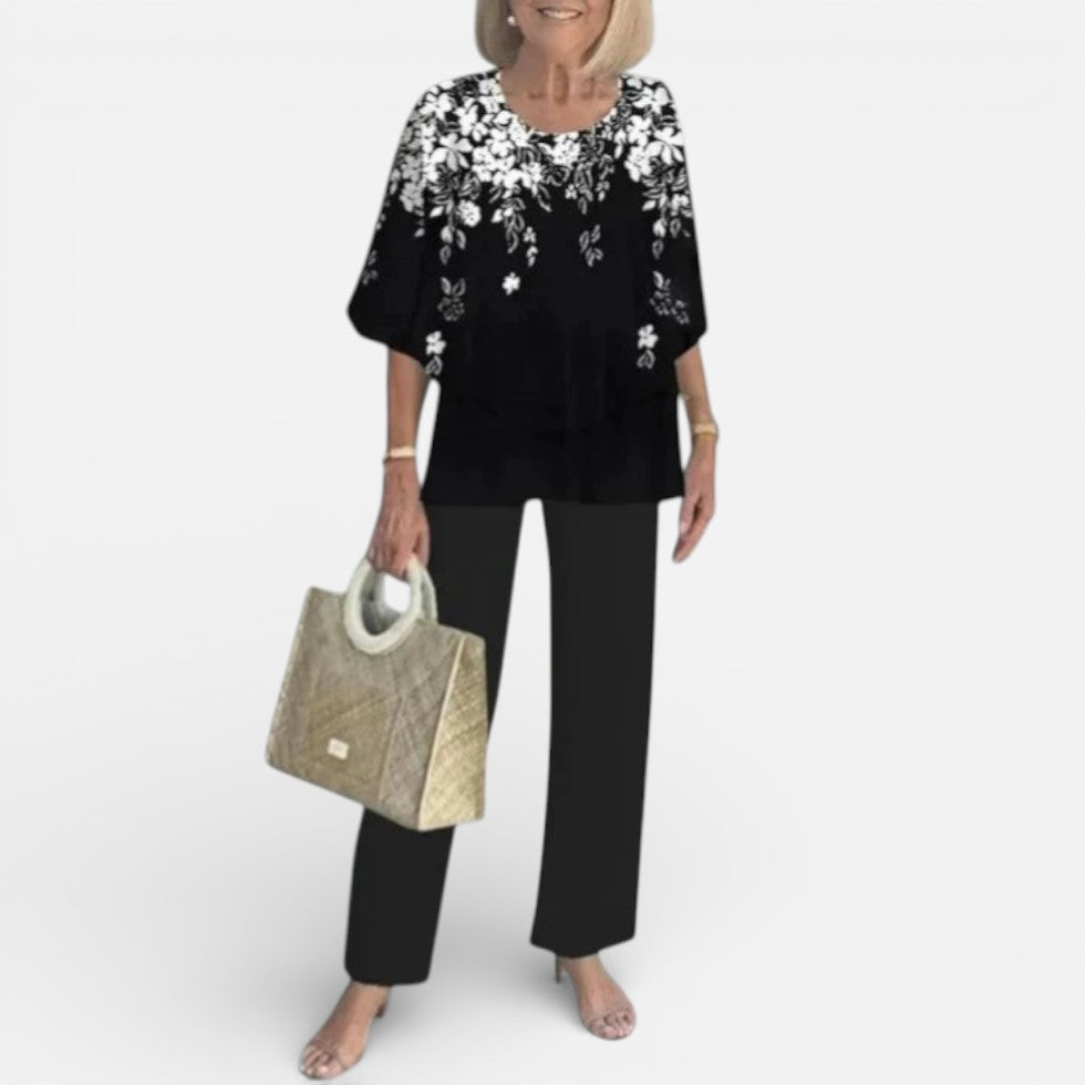 Zweiteiler Damen mit Bluse und gemusterter Hose - 1 - Jasminaboutique.com