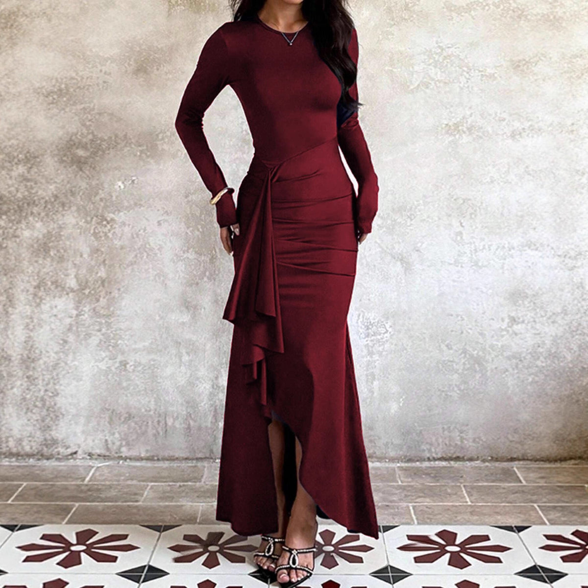 Abendkleid Damen mit langem Arm, asymmetrischem Volant und taillierter Raffung - 2 - Jasminaboutique.com