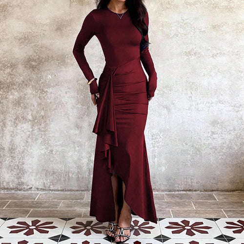 Abendkleid Damen mit langem Arm, asymmetrischem Volant und taillierter Raffung - 2 - Jasminaboutique.com