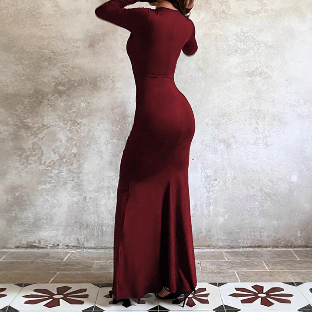 Abendkleid Damen mit langem Arm, asymmetrischem Volant und taillierter Raffung - 3 - Jasminaboutique.com