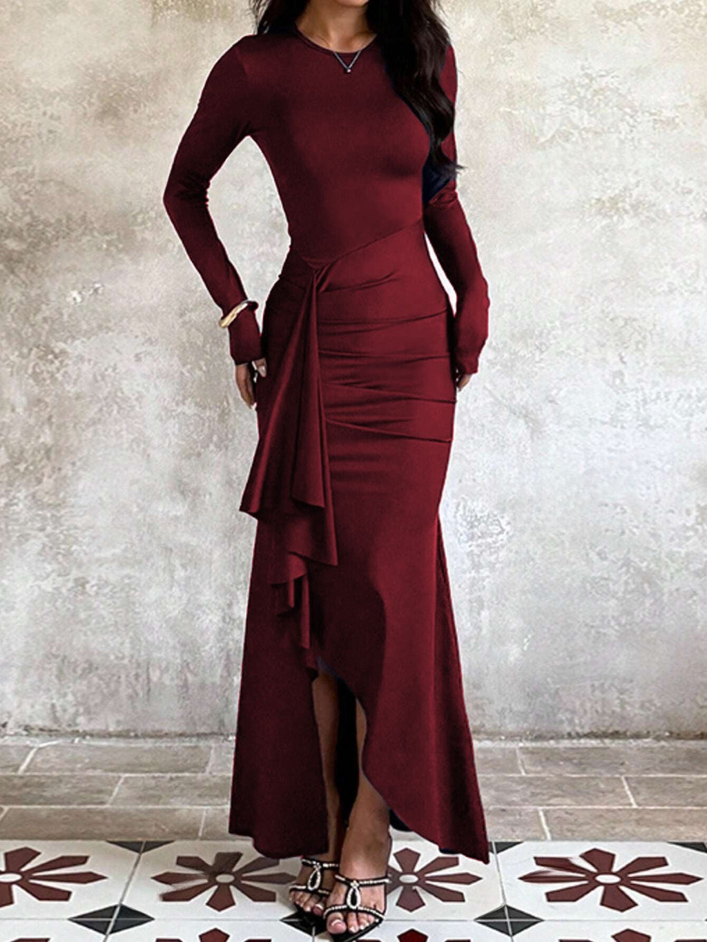 Abendkleid Damen mit langem Arm, asymmetrischem Volant und taillierter Raffung - 6 - Jasminaboutique.com