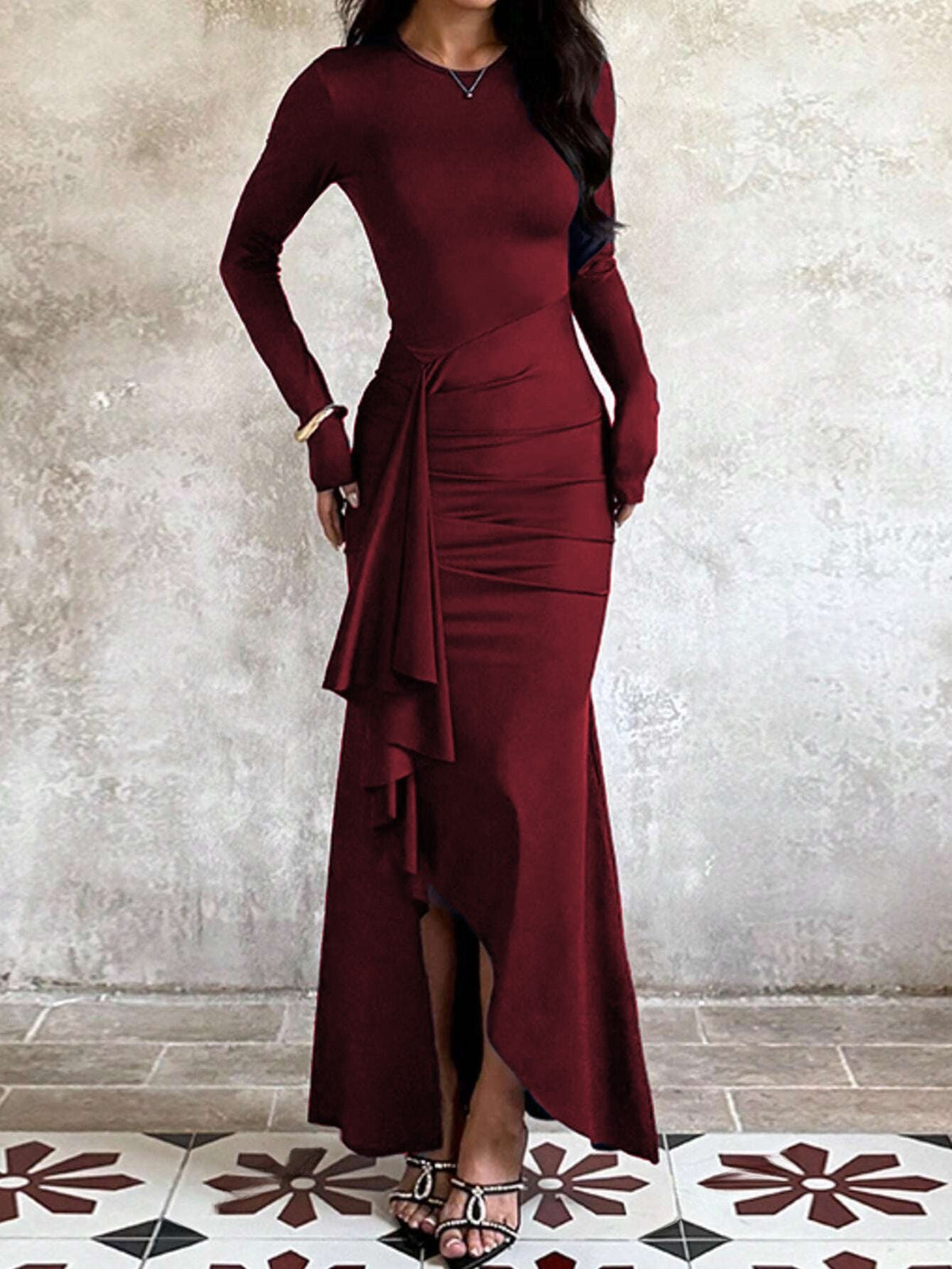 Abendkleid Damen mit langem Arm, asymmetrischem Volant und taillierter Raffung - 6 - Jasminaboutique.com