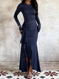 Abendkleid Damen mit langem Arm, asymmetrischem Volant und taillierter Raffung - 7 - Jasminaboutique.com