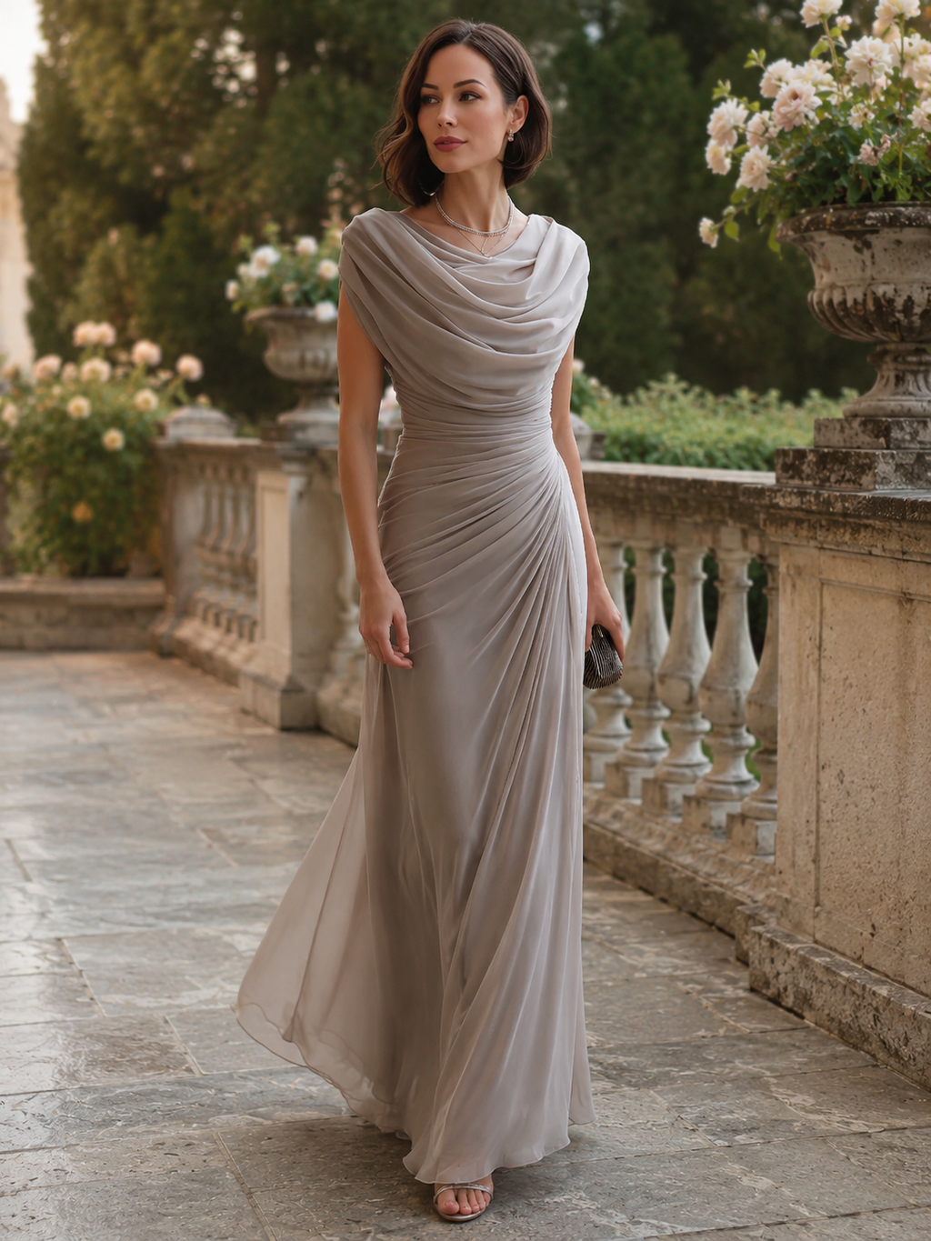 Maxikleid Damen mit Drapierungen und Wasserfallausschnitt - 1 - Jasminaboutique.com