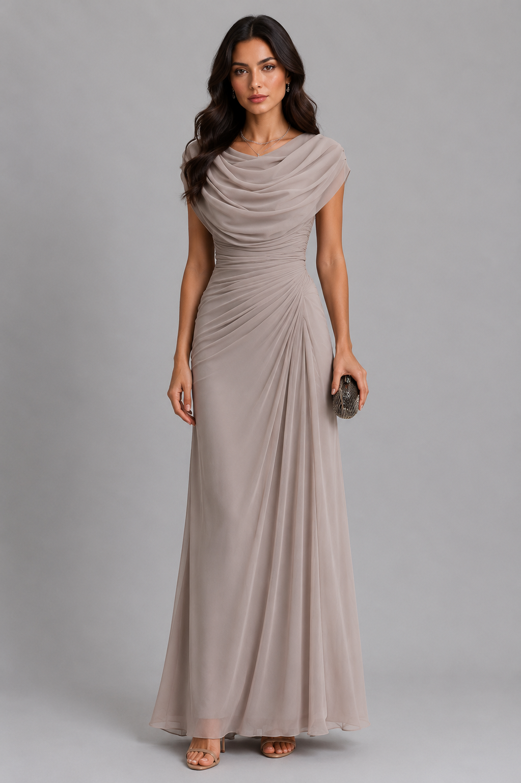 Maxikleid Damen mit Drapierungen und Wasserfallausschnitt - 5 - Jasminaboutique.com