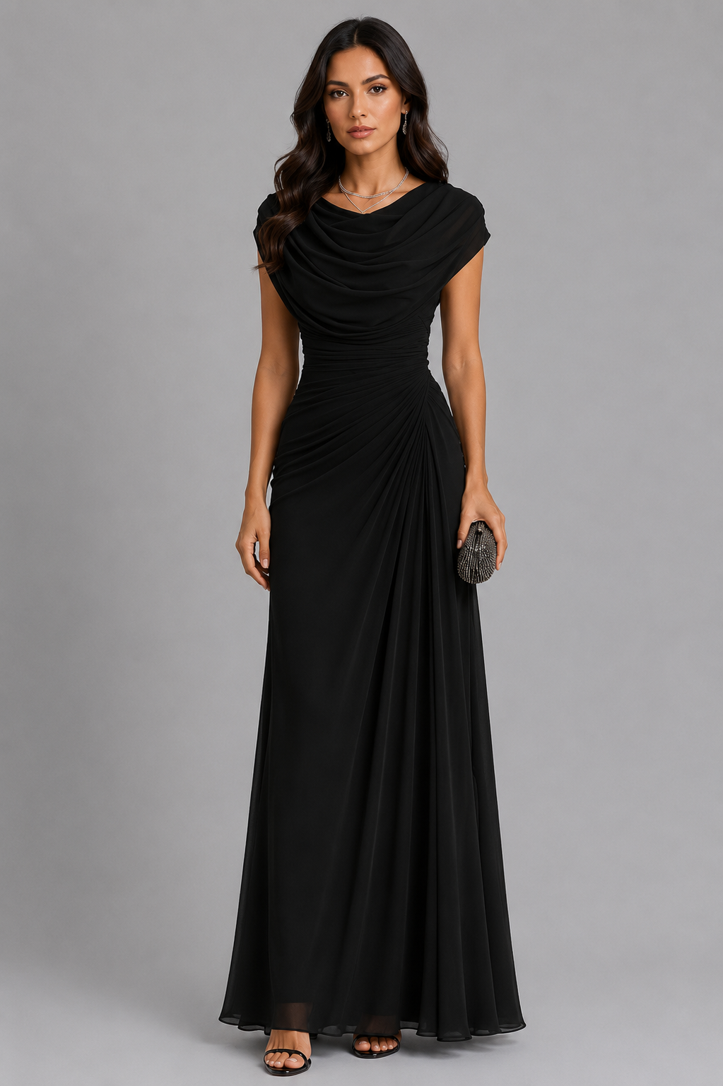 Maxikleid Damen mit Drapierungen und Wasserfallausschnitt - 6 - Jasminaboutique.com