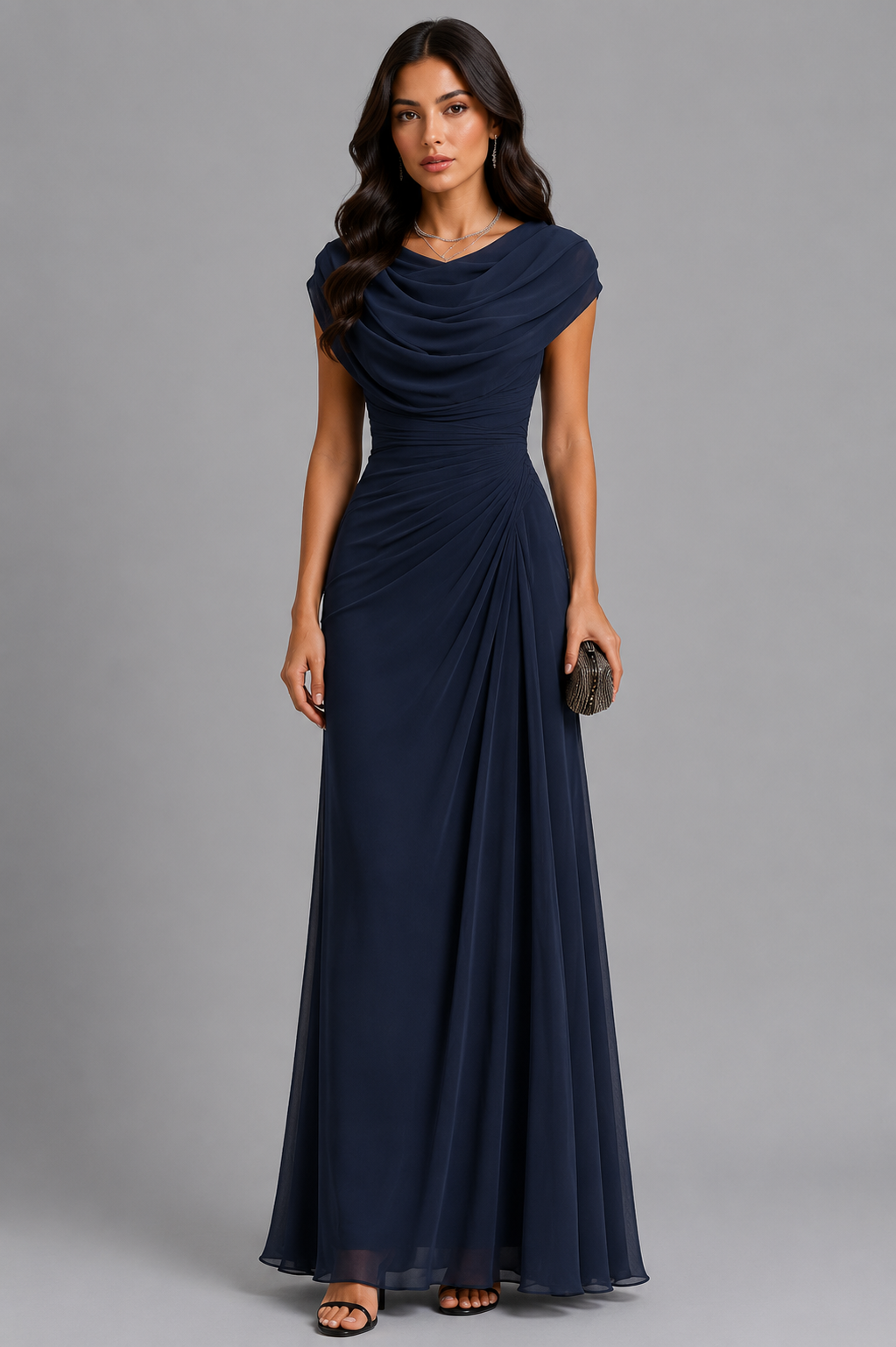 Maxikleid Damen mit Drapierungen und Wasserfallausschnitt - 7 - Jasminaboutique.com