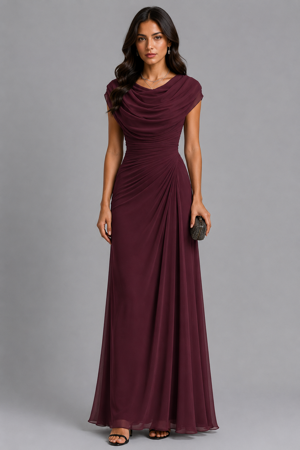 Maxikleid Damen mit Drapierungen und Wasserfallausschnitt - 8 - Jasminaboutique.com