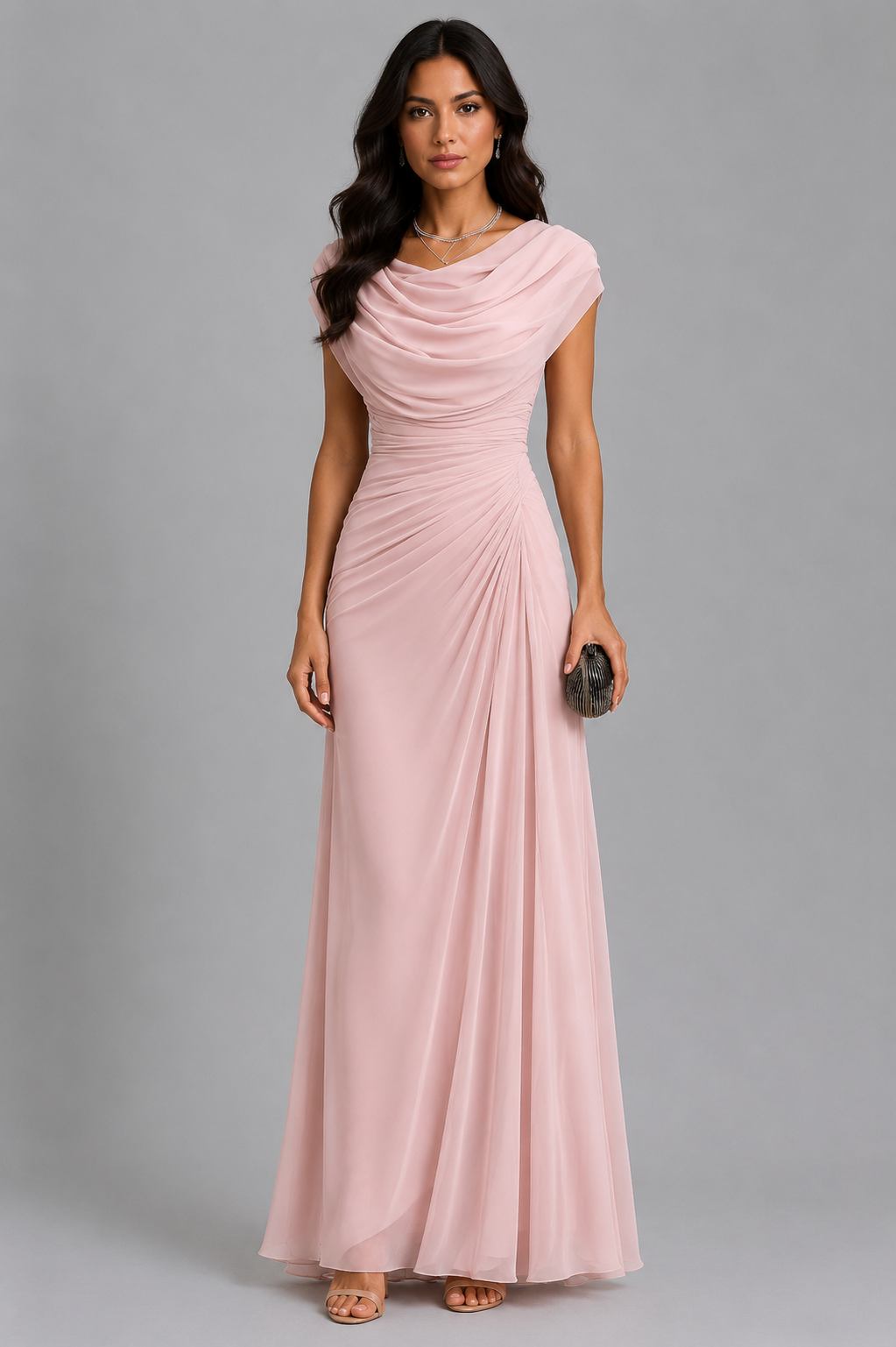 Maxikleid Damen mit Drapierungen und Wasserfallausschnitt - 9 - Jasminaboutique.com