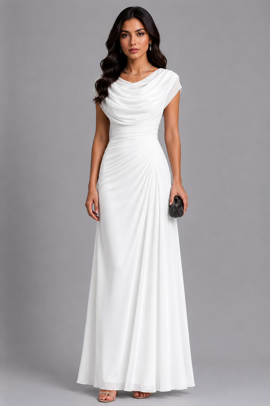 Maxikleid Damen mit Drapierungen und Wasserfallausschnitt - 11 - Jasminaboutique.com