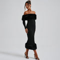 Abendkleid Damen mit Off-Shoulder-Ausschnitt und Plüschbesatz - 1 - Jasminaboutique.com