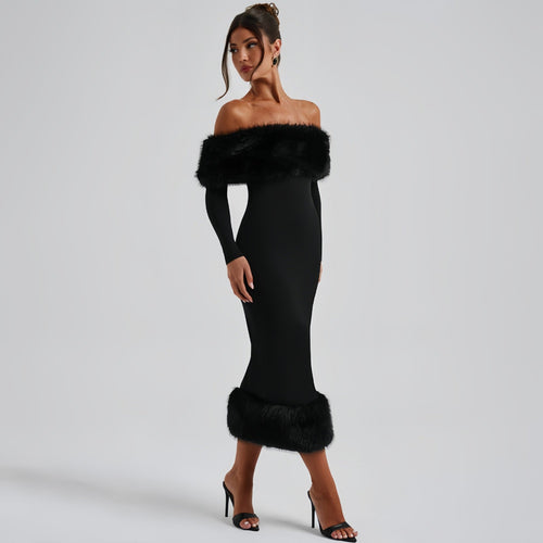 Abendkleid Damen mit Off-Shoulder-Ausschnitt und Plüschbesatz - 1 - Jasminaboutique.com