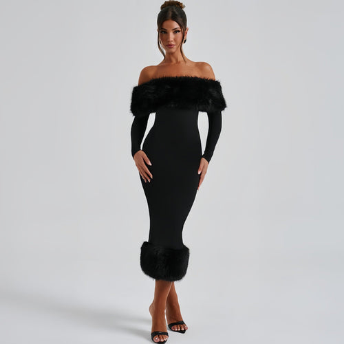 Abendkleid Damen mit Off-Shoulder-Ausschnitt und Plüschbesatz - 2 - Jasminaboutique.com