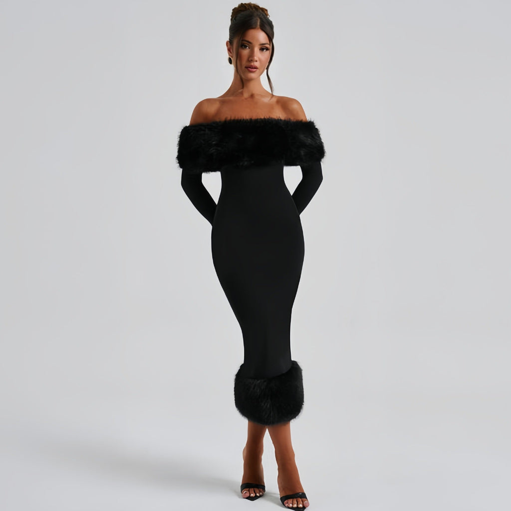 Abendkleid Damen mit Off-Shoulder-Ausschnitt und Plüschbesatz - 4 - Jasminaboutique.com