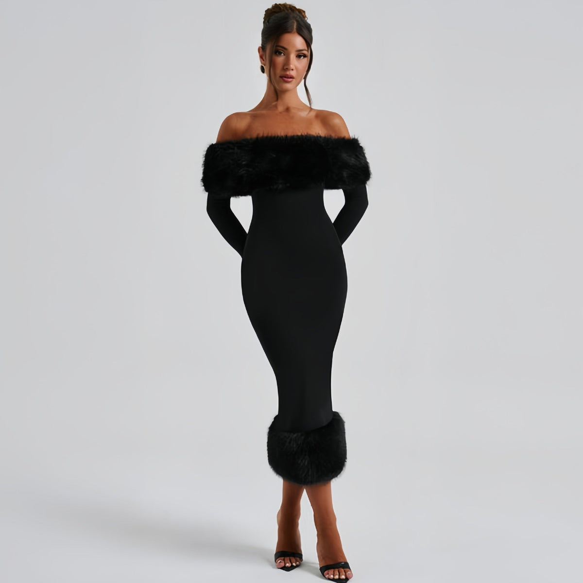 Abendkleid Damen mit Off-Shoulder-Ausschnitt und Plüschbesatz - 4 - Jasminaboutique.com