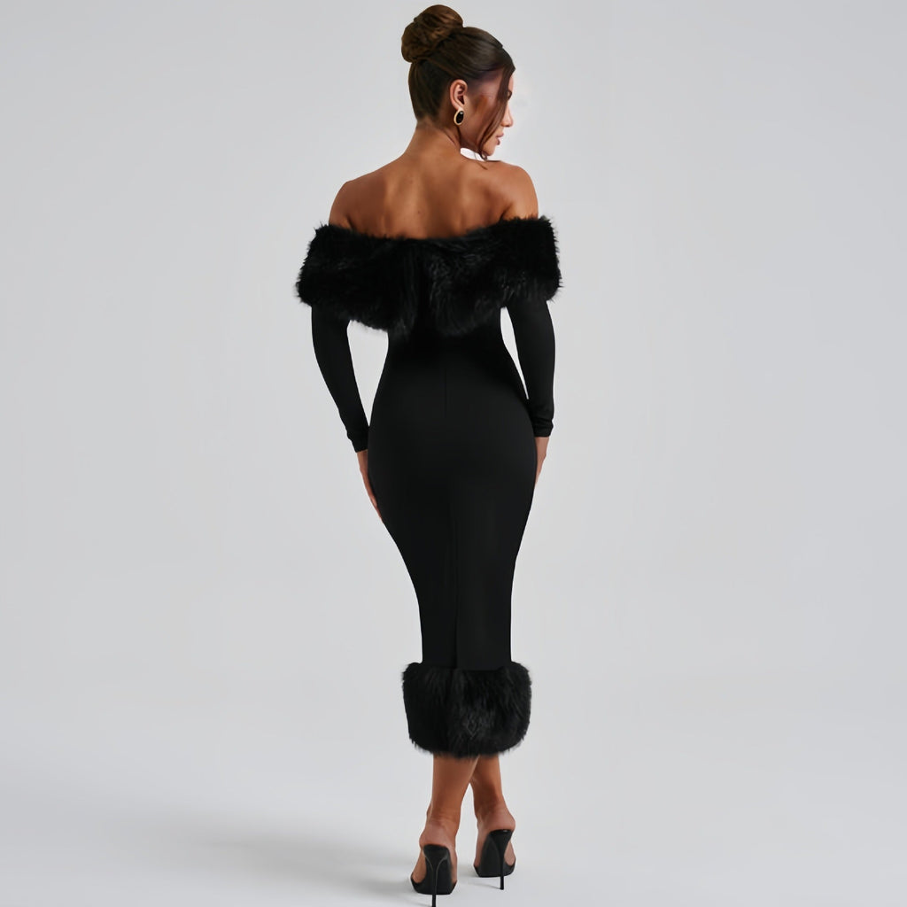 Abendkleid Damen mit Off-Shoulder-Ausschnitt und Plüschbesatz - 5 - Jasminaboutique.com