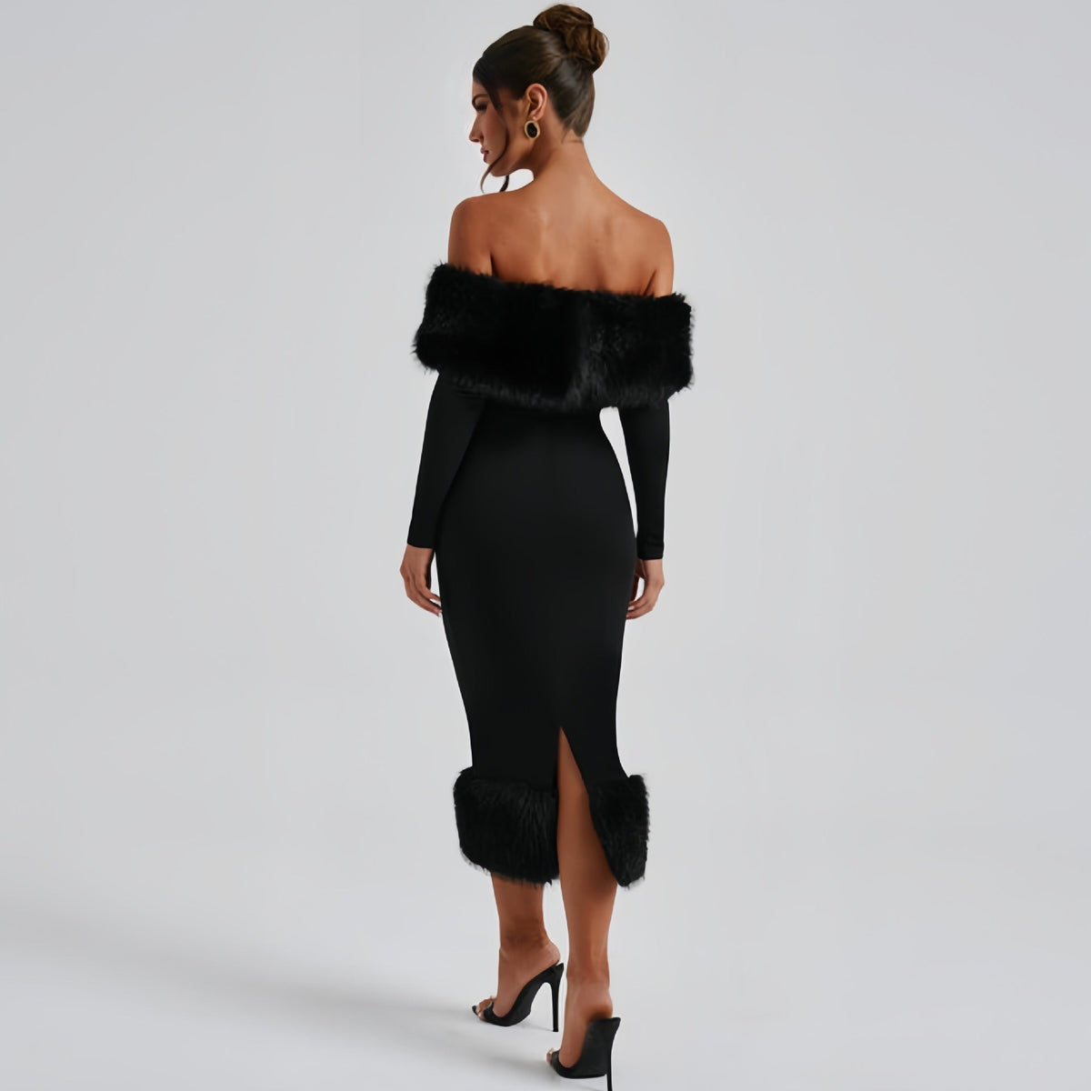 Abendkleid Damen mit Off-Shoulder-Ausschnitt und Plüschbesatz - 6 - Jasminaboutique.com