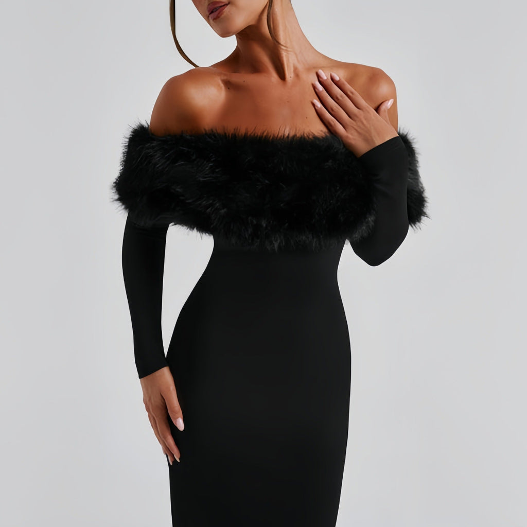 Abendkleid Damen mit Off-Shoulder-Ausschnitt und Plüschbesatz - 7 - Jasminaboutique.com