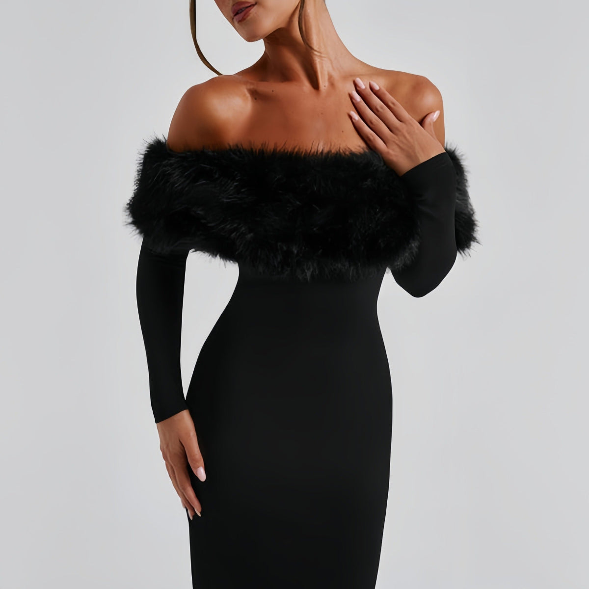 Abendkleid Damen mit Off-Shoulder-Ausschnitt und Plüschbesatz - 7 - Jasminaboutique.com