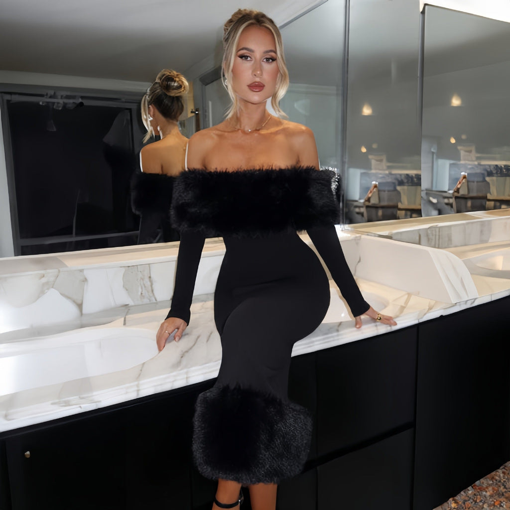 Abendkleid Damen mit Off-Shoulder-Ausschnitt und Plüschbesatz - 8 - Jasminaboutique.com