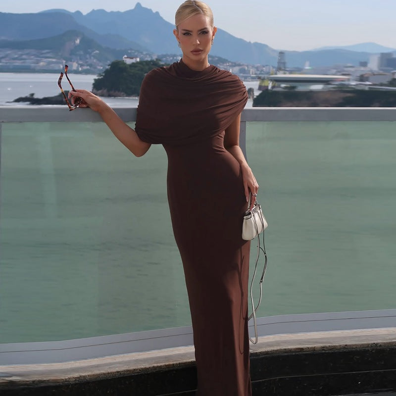 Maxikleid Damen mit asymmetrischem Cape und geraffter Taille - 1 - Jasminaboutique.com