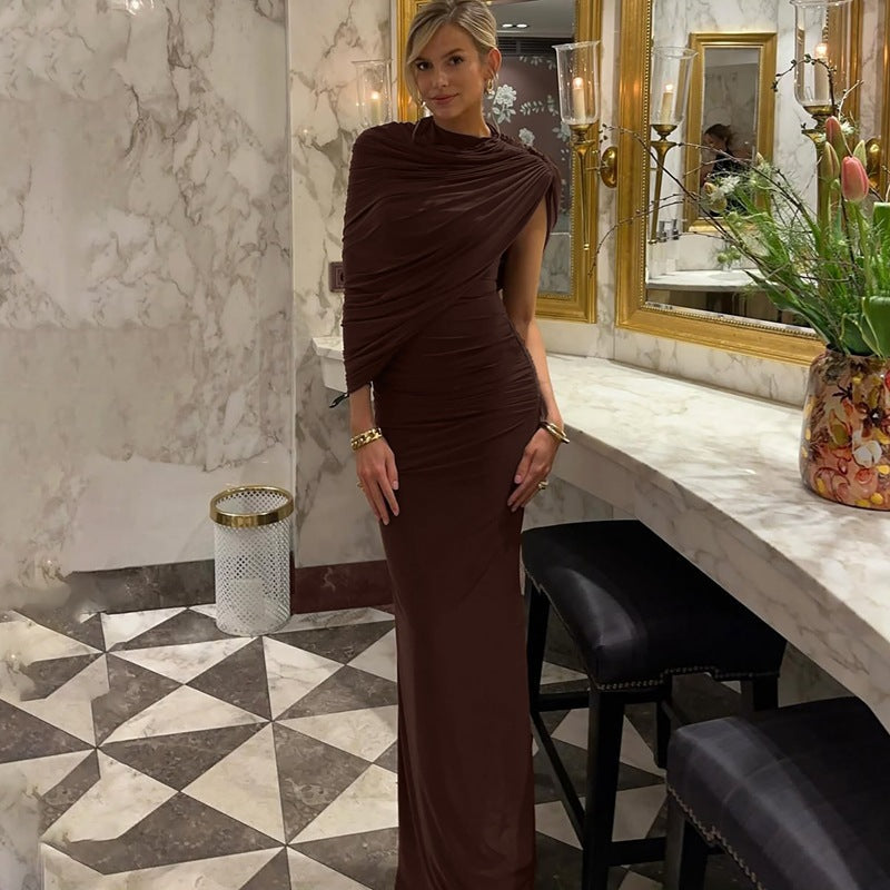 Maxikleid Damen mit asymmetrischem Cape und geraffter Taille - 5 - Jasminaboutique.com