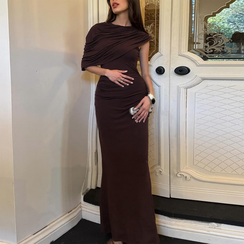 Maxikleid Damen mit asymmetrischem Cape und geraffter Taille - 6 - Jasminaboutique.com