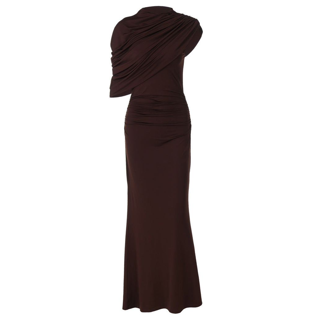 Maxikleid Damen mit asymmetrischem Cape und geraffter Taille - 7 - Jasminaboutique.com