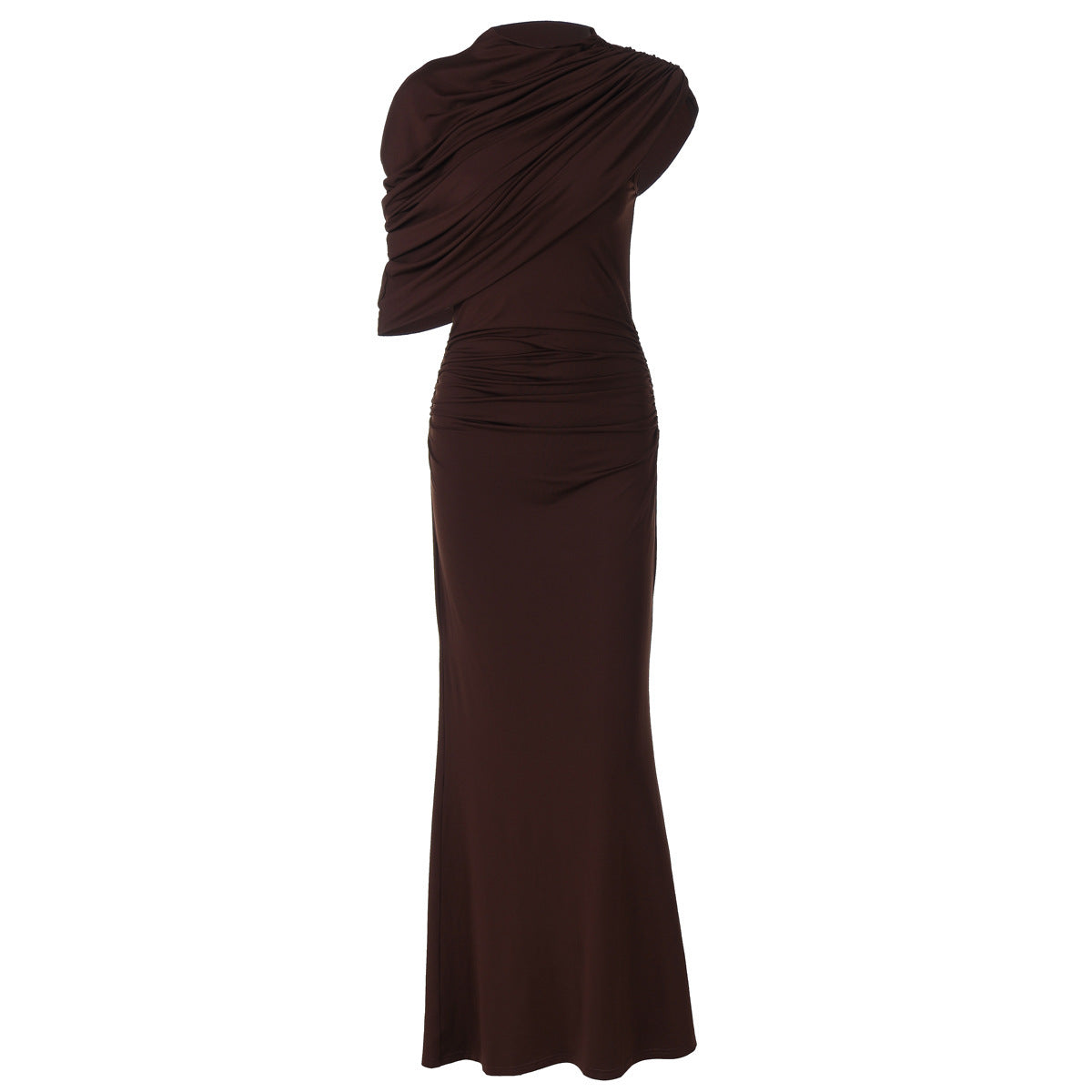 Maxikleid Damen mit asymmetrischem Cape und geraffter Taille - 7 - Jasminaboutique.com