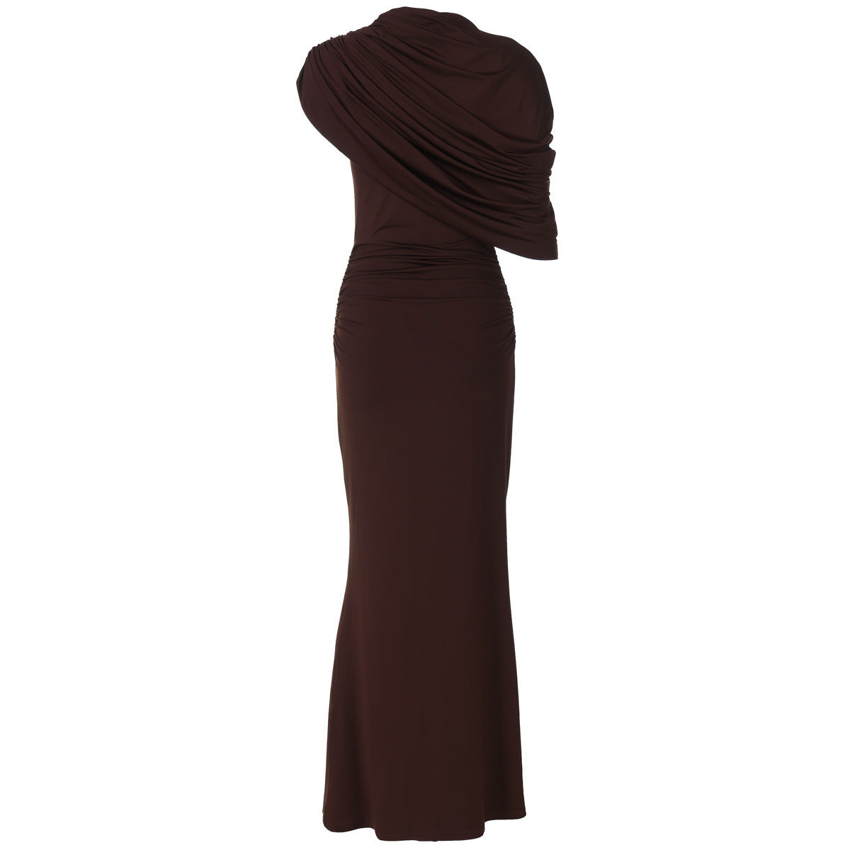 Maxikleid Damen mit asymmetrischem Cape und geraffter Taille - 8 - Jasminaboutique.com