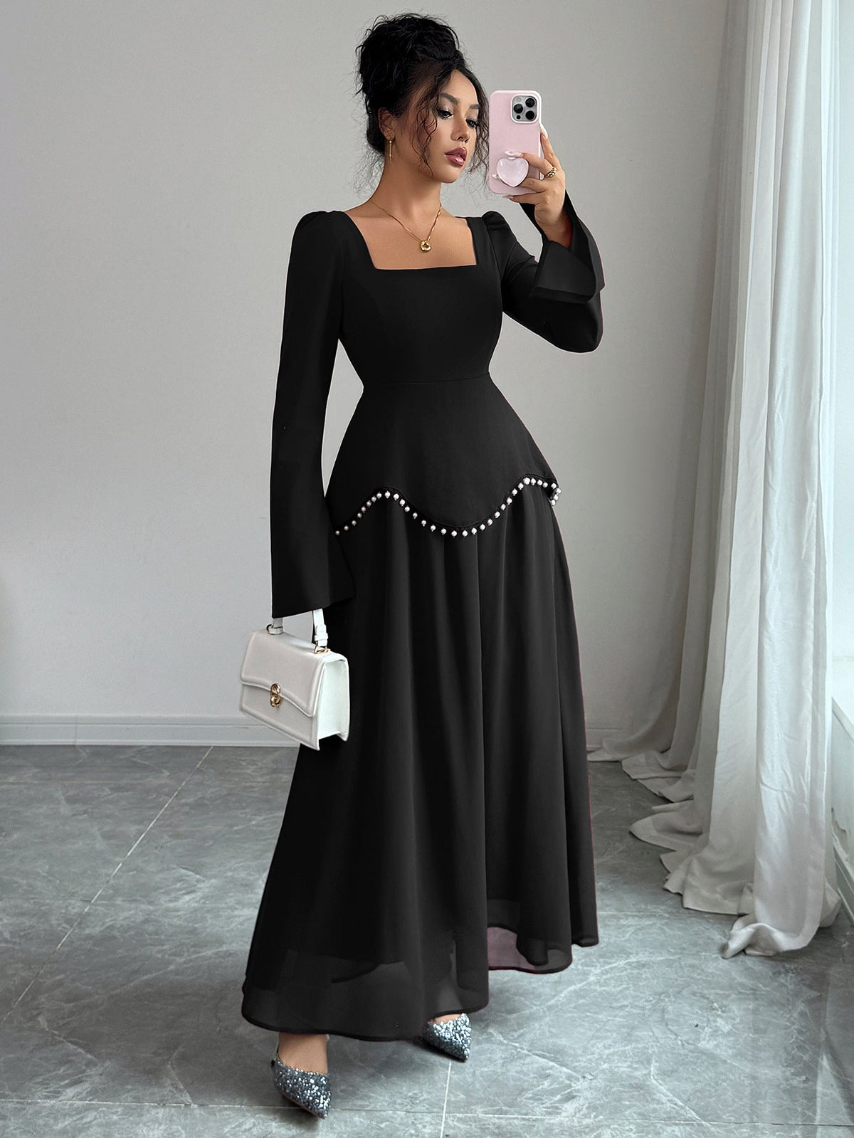 Maxikleid Damen mit quadratischem Ausschnitt und Glockenärmeln - 10 - Jasminaboutique.com