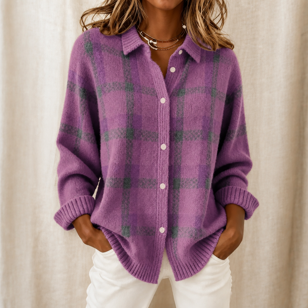 Cardigan Damen mit Karomuster und Stehkragen - 12 - Jasminaboutique.com