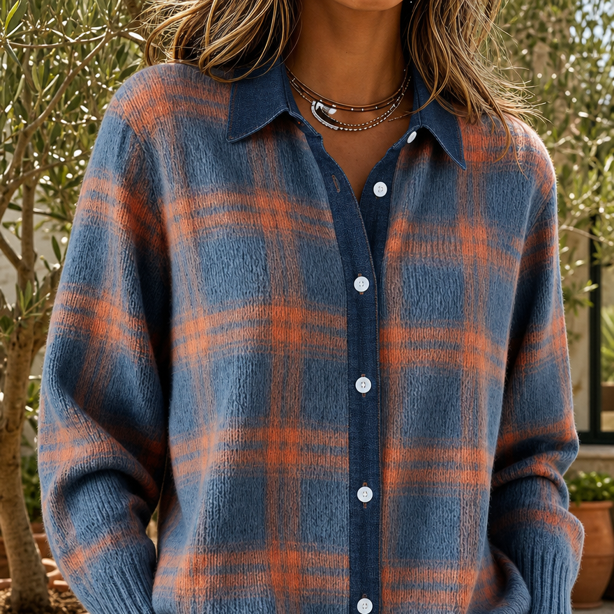 Kariertes Hemd-Pullover Damen mit Knopfleiste und Langarm - 1 - Jasminaboutique.com
